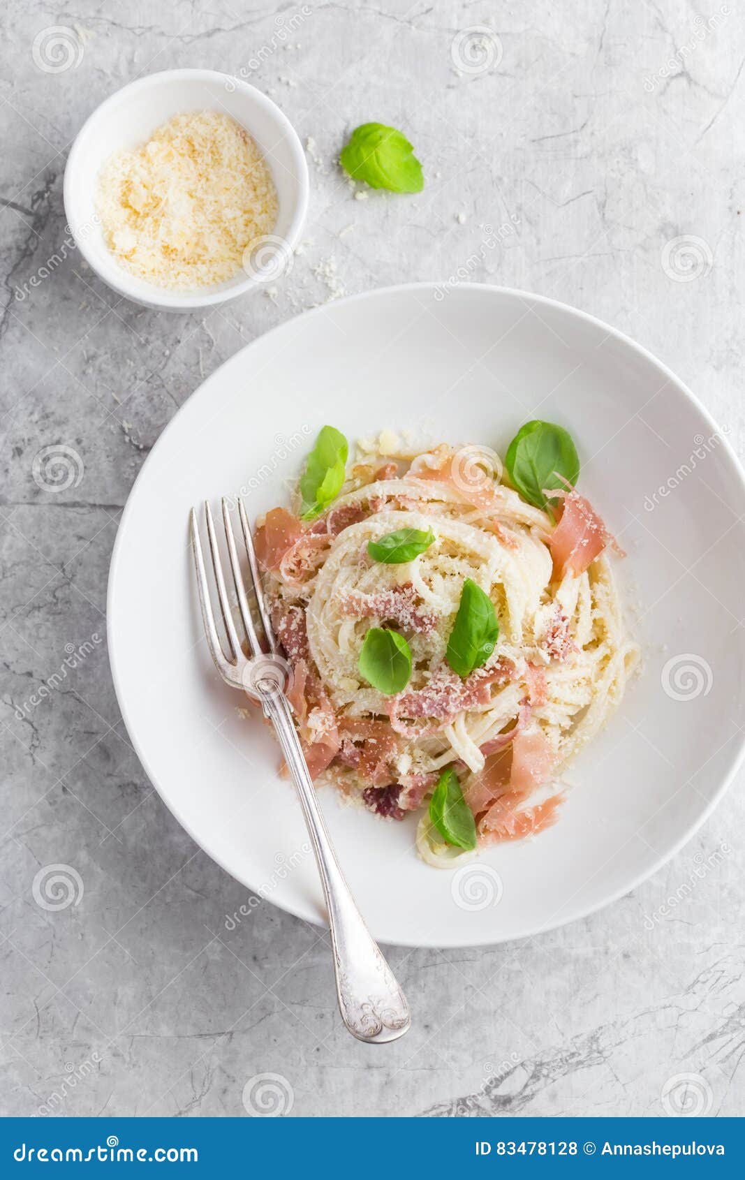 Pasta Carbonara with Prosciutto and Parmesan Cheese Stock Photo Image