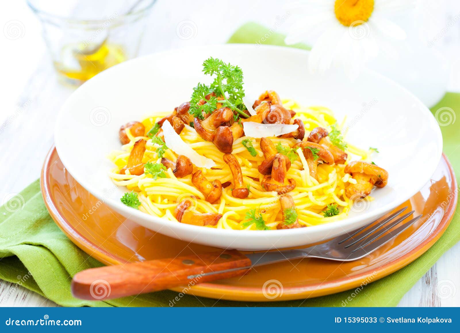 Pasta with chanterelles stock image. Image of cheese 15395033