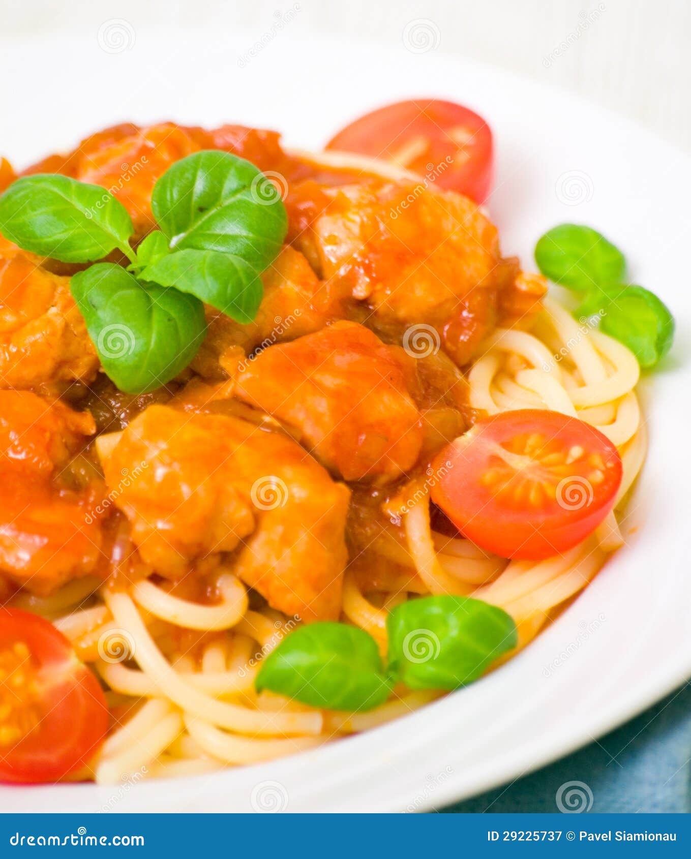 Pasta with Chicken Breast in Tomato Sauce Stock Image Image of leaf
