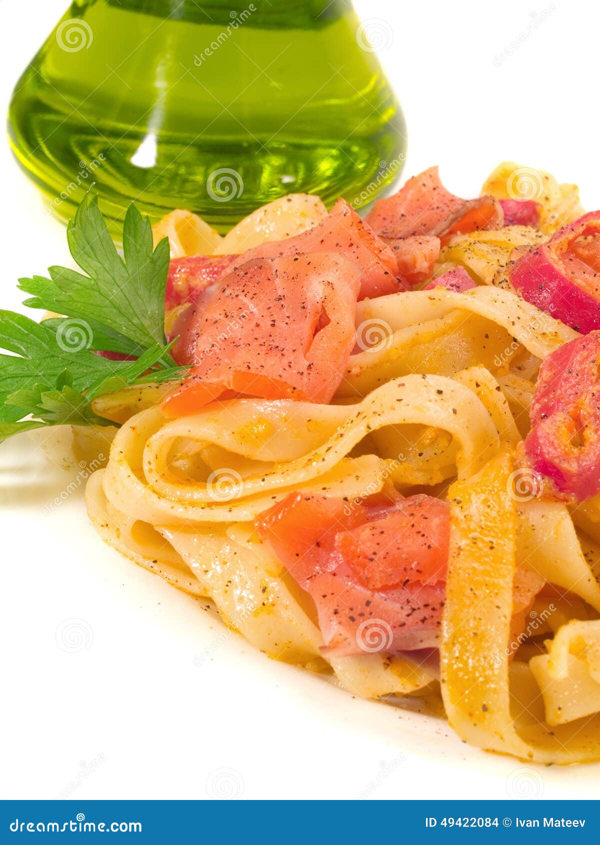 Pasta Collection Tagliatelle with Salmon and Peppers Stock Photo