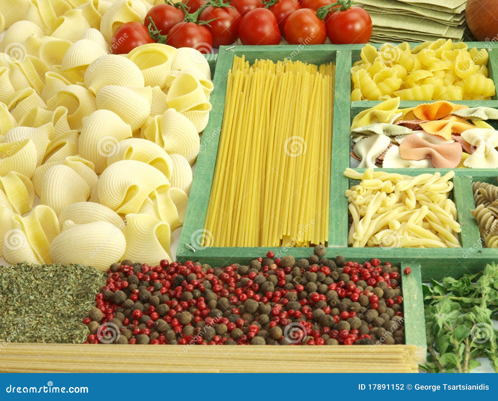 Pasta Collection in Wooden Box and Ingredients Stock Photo Image of