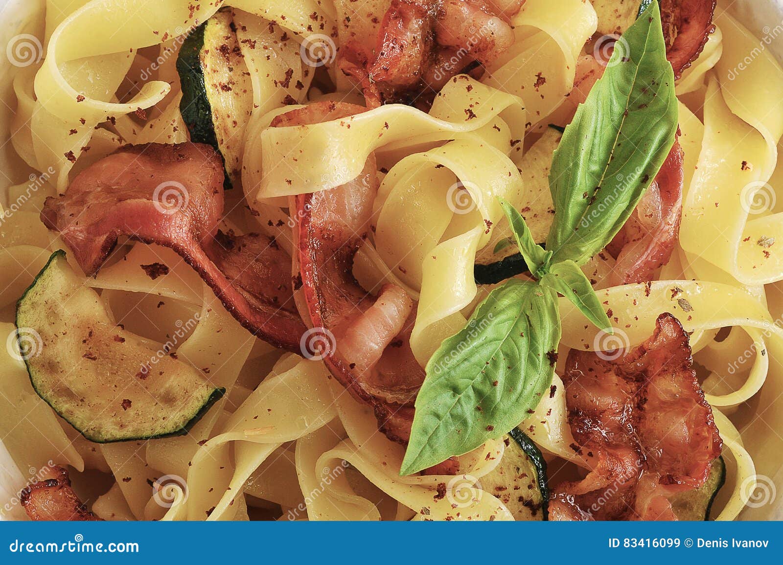 Pasta with Eggplant and Bacon with Basil Leaves Stock Image Image of