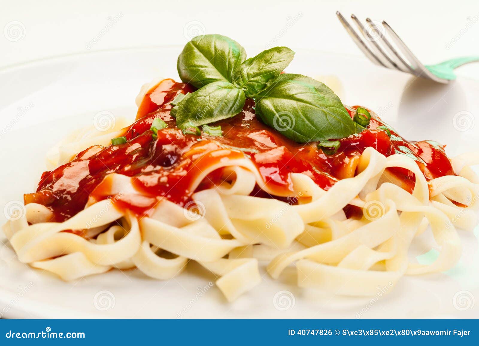 Pasta Fettuccine with Tomato Sauce and Basil Stock Photo Image of
