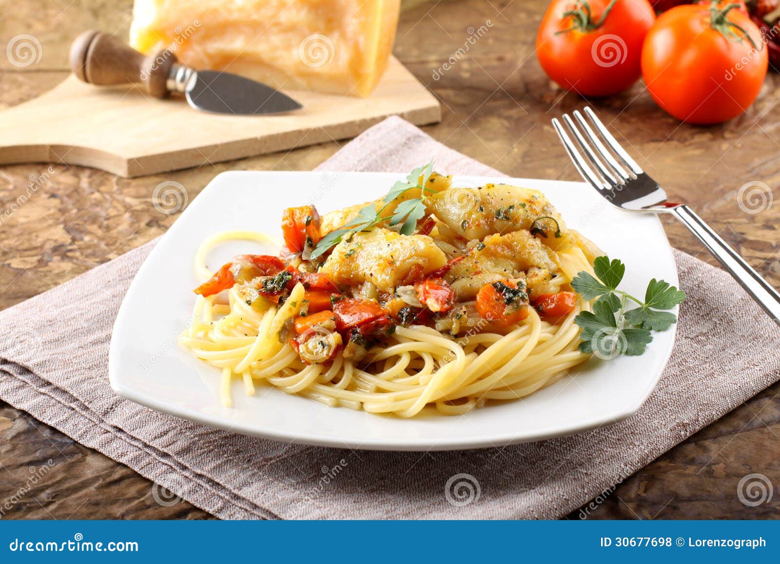 Pasta with Fresh Grouper Fillet Stock Photo - Image of meal, napkin ...