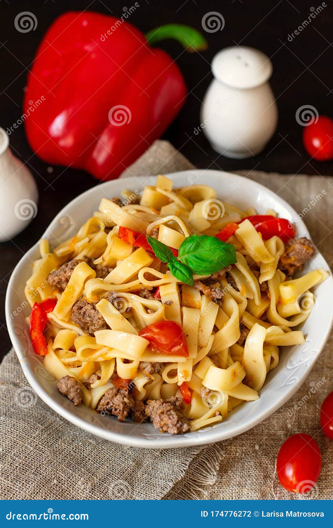 Pasta with Ground Beef, Bell Pepper and Cherry Tomatoes Stock Photo Image of bell, italian