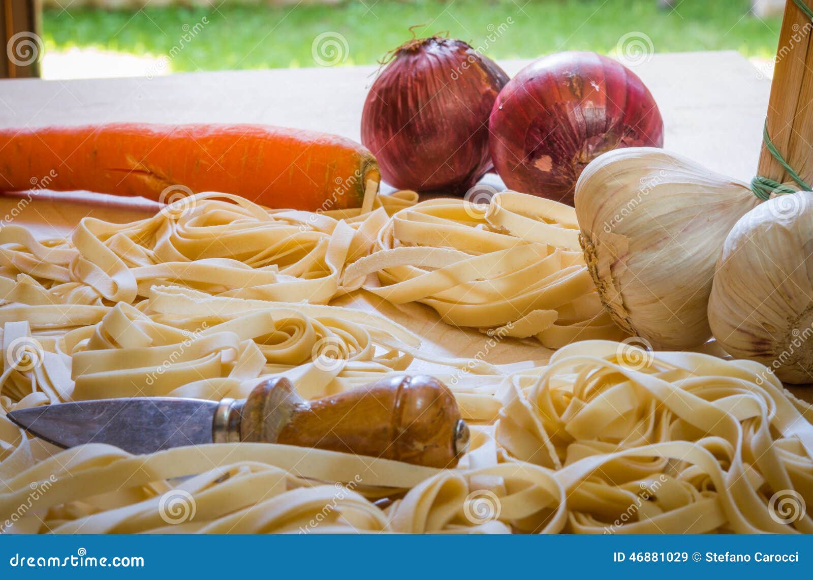 Pasta and Ingradient. Fettuccine or tagliatelle cut ready to cook with vegetables