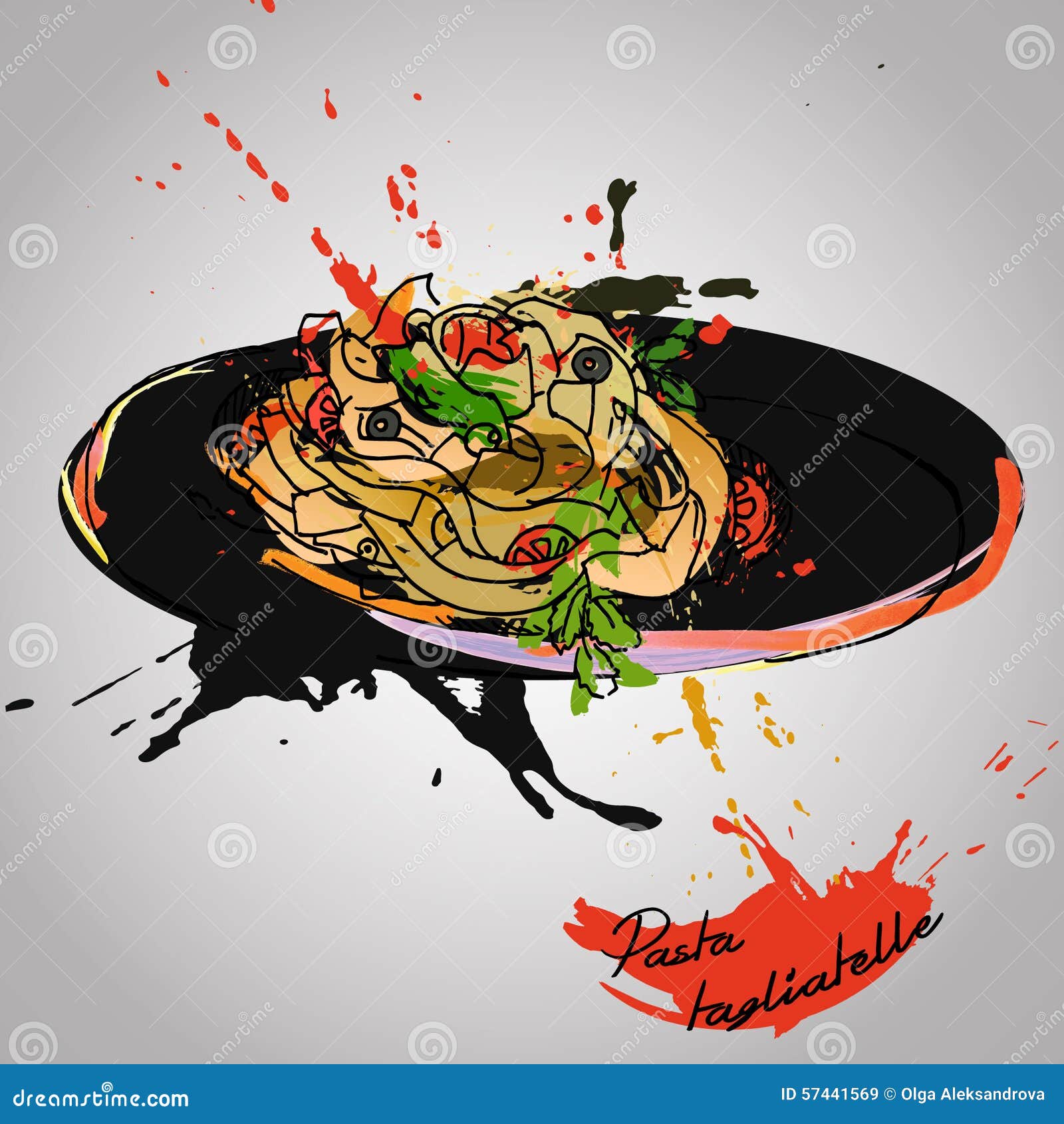 A rustic illustration of cooked Italian pasta with tomatoes and basil garnish.