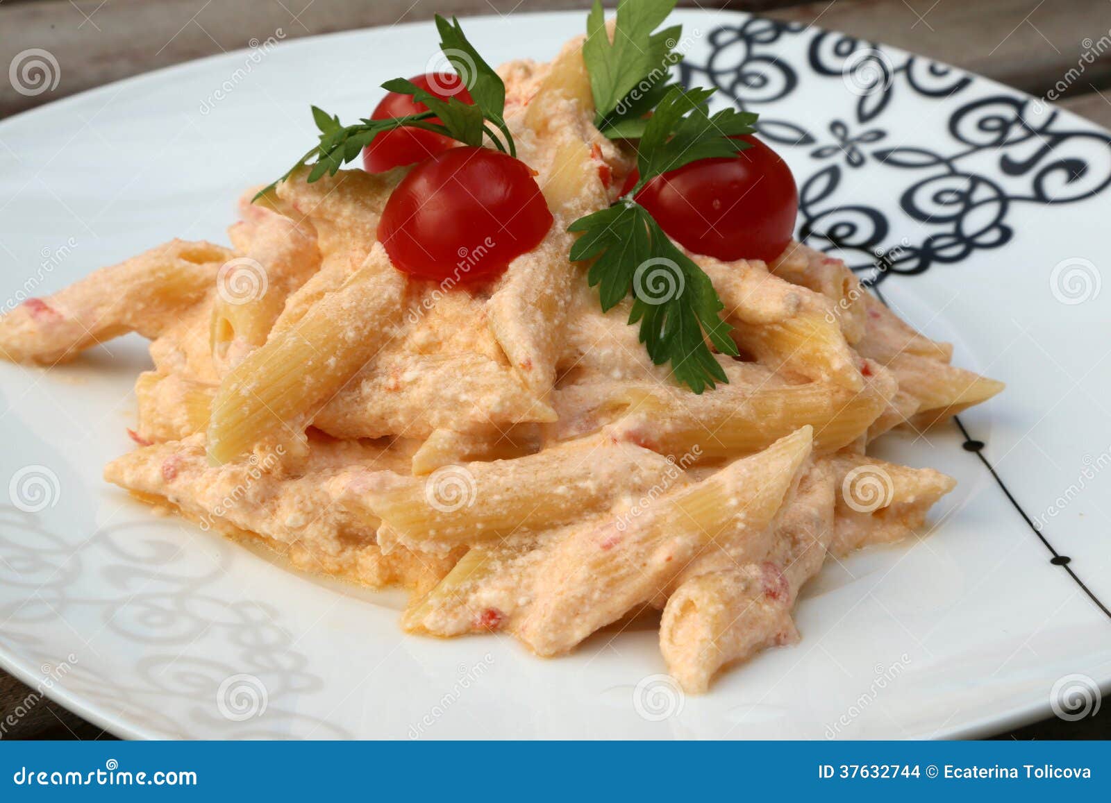 Pasta with Italian Ricotta Cheese and Cherry Tomatoes Stock Photo