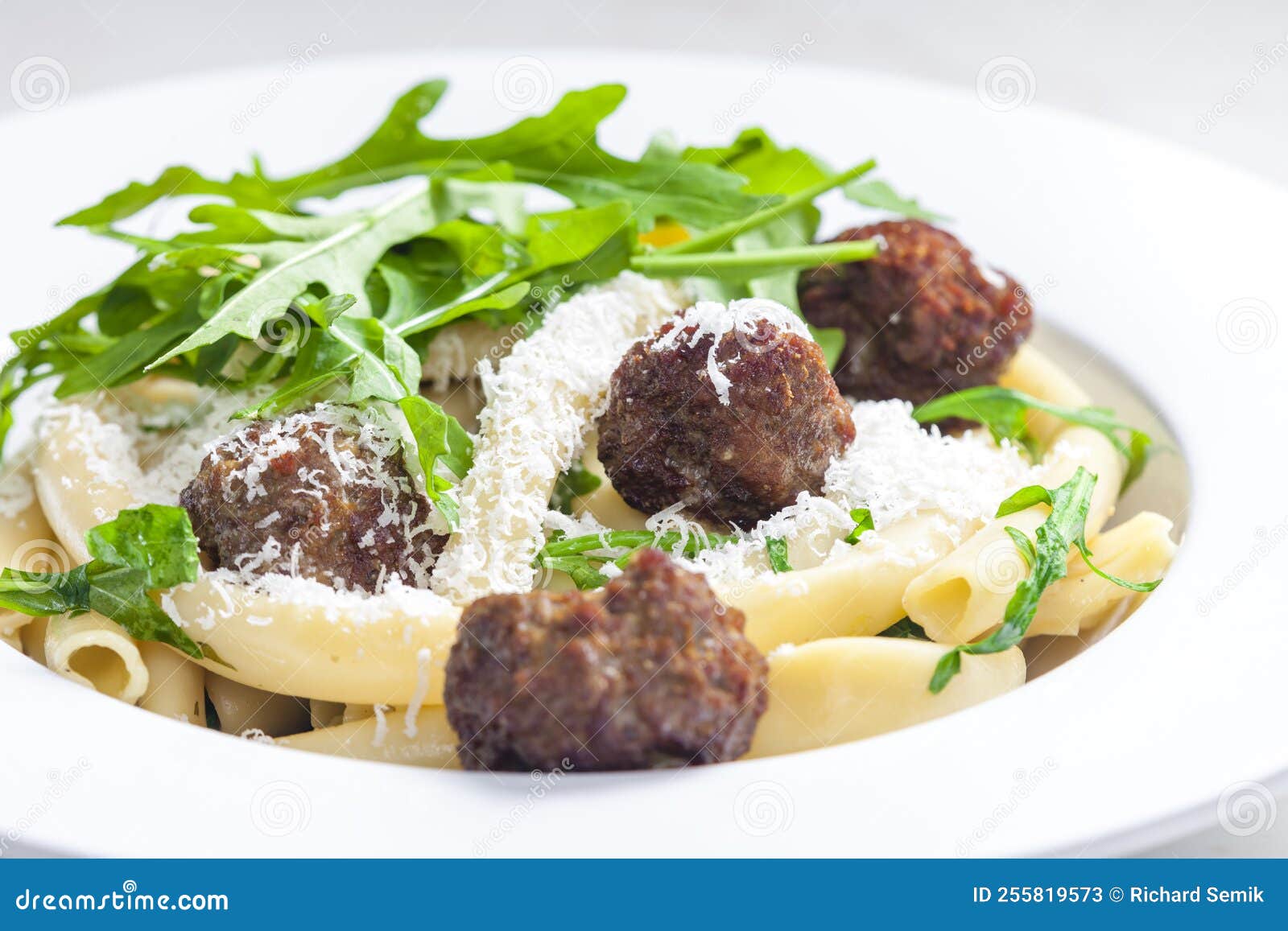 Pasta Macaroni with Meat Balls and Arugula Stock Image Image of