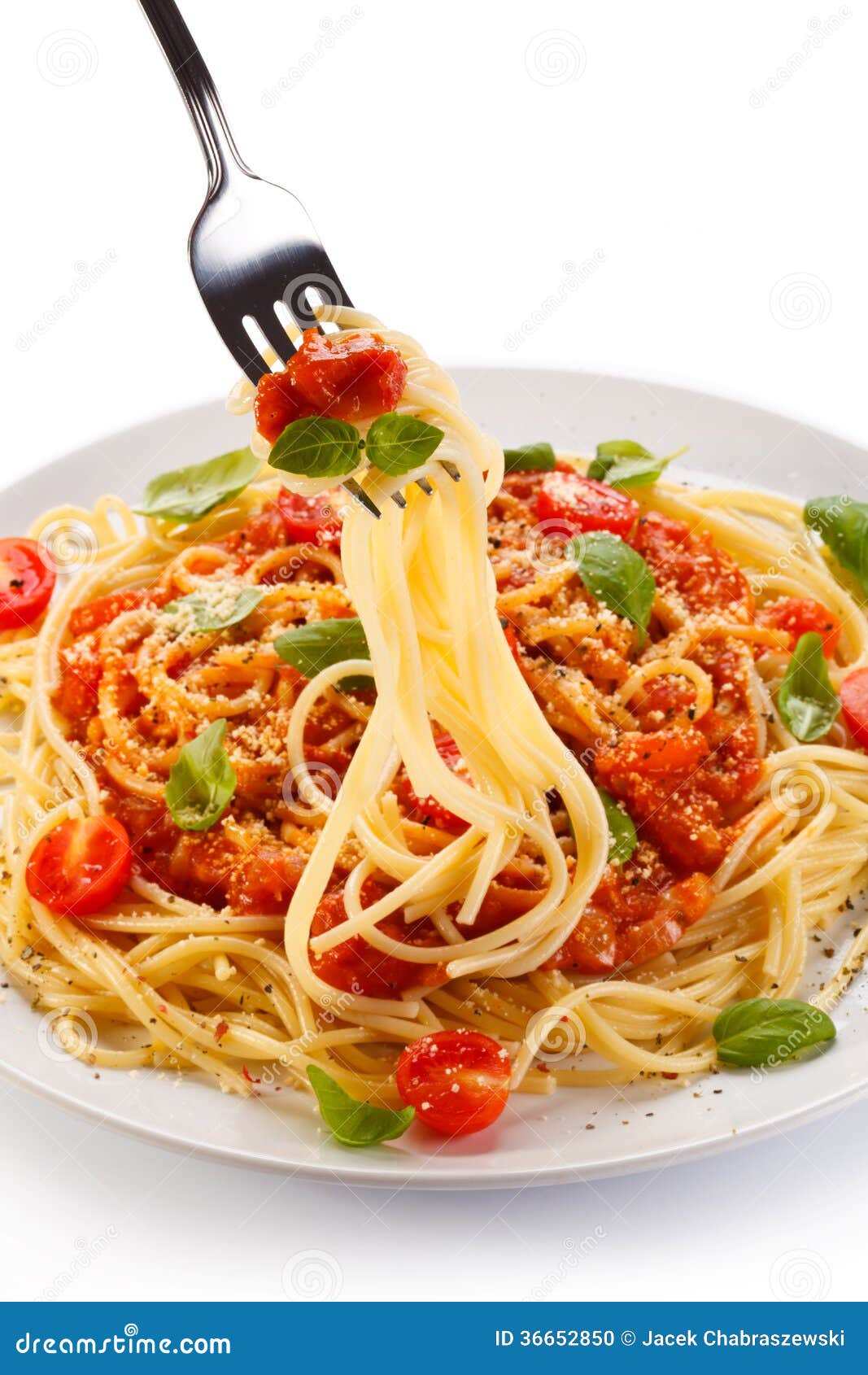 Pasta with Meat, Tomato Sauce, Parmesan and Vegetables Stock Photo