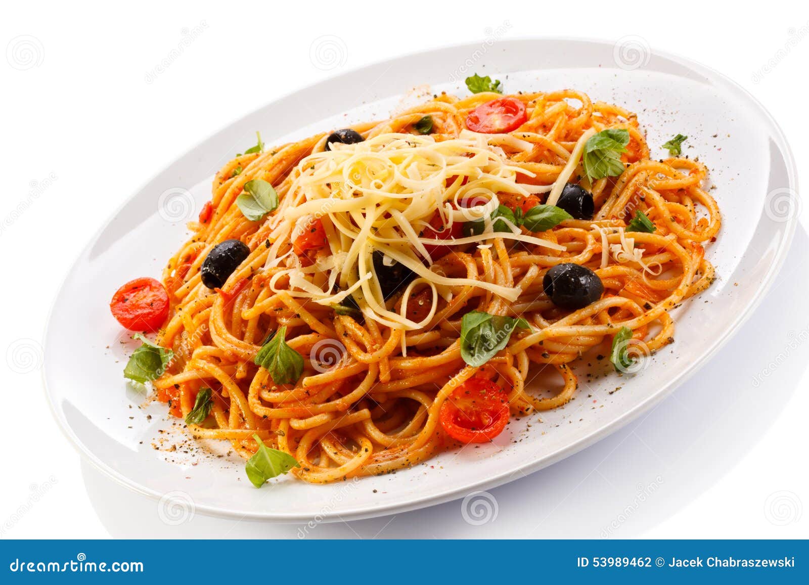 Pasta with Meat, Tomato Sauce, Parmesan and Vegetables Stock Photo
