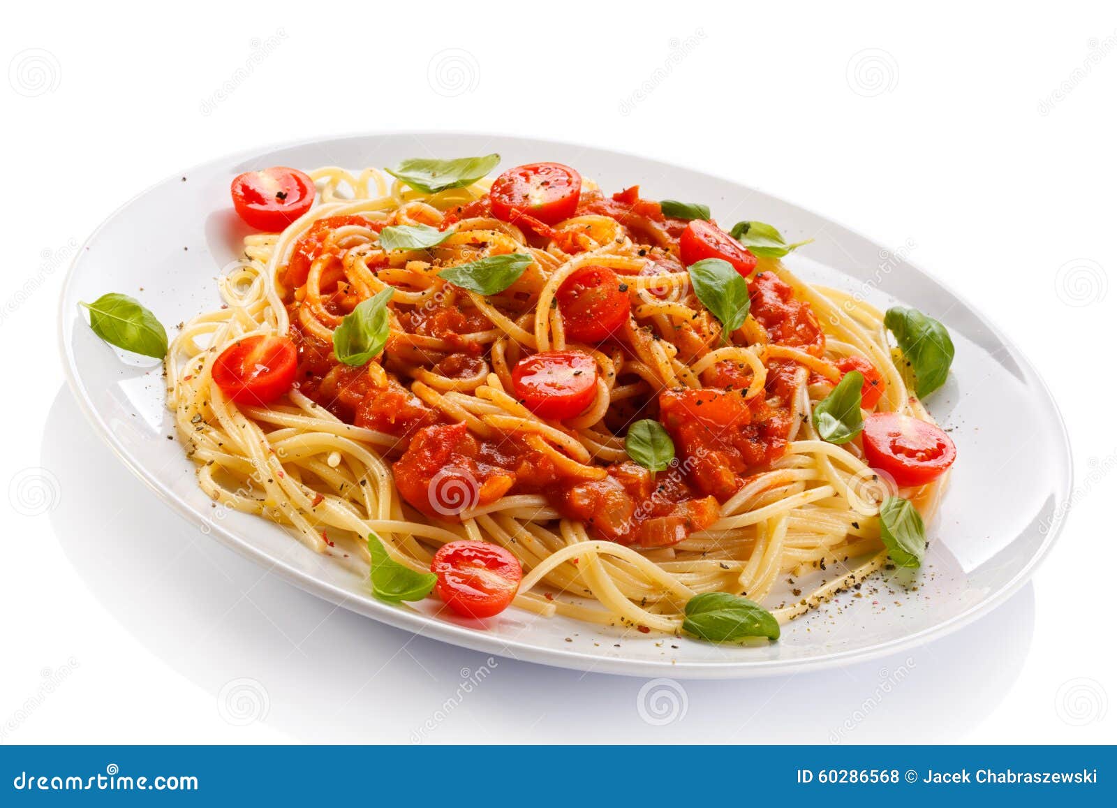 Pasta with Meat, Tomato Sauce, Parmesan and Vegetables Stock Photo