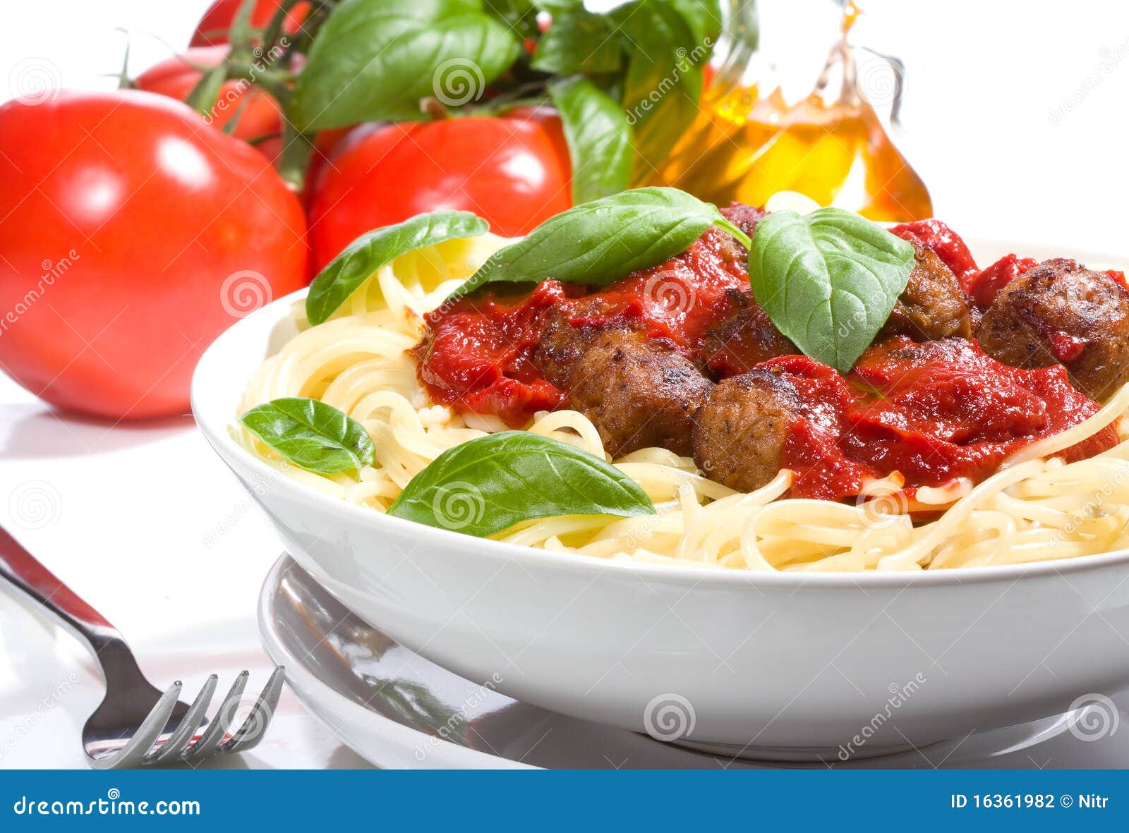 Pasta with Meatballs and Basil Stock Photo Image of food, herb 16361982