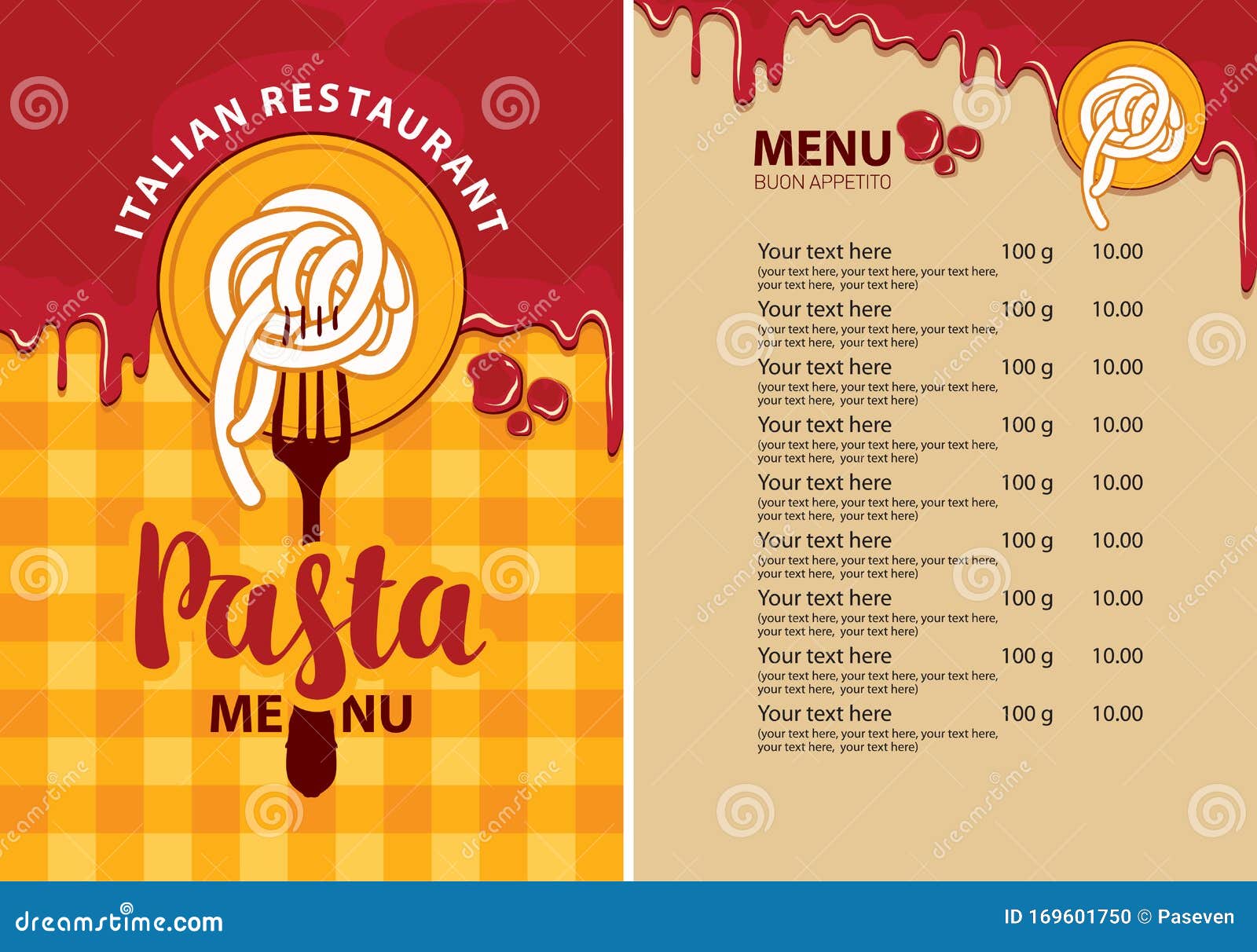 Pasta Menu for Italian Restaurant with Pasta on a Fork Stock Vector -  Illustration of appetizing, flat: 169601750