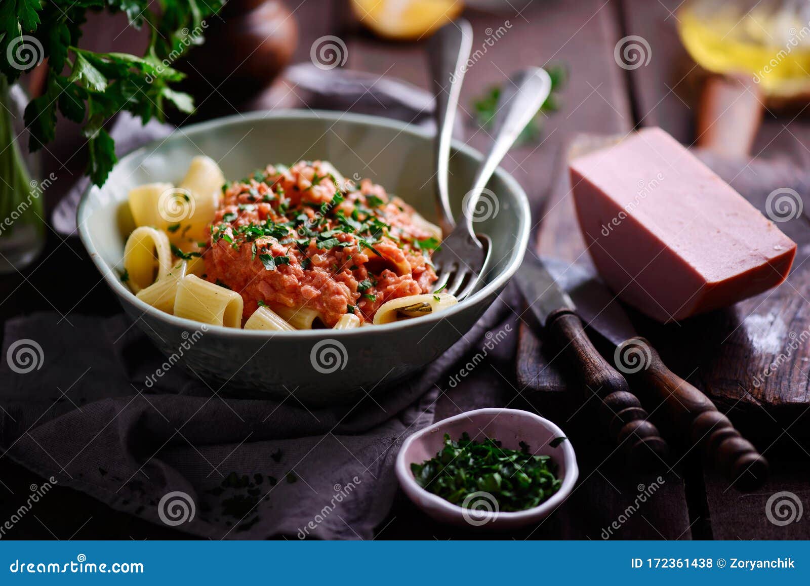 Pasta with Mortadella Tomato Sauce..style Rustic Stock Photo Image of