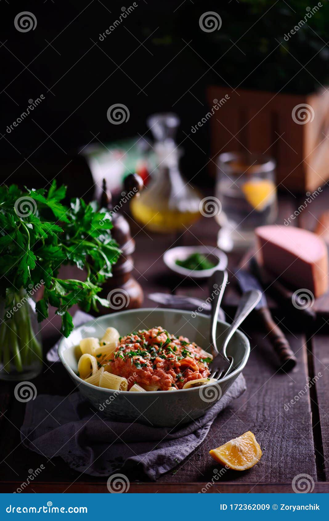 Pasta with Mortadella Tomato Sauce..style Rustic Stock Image Image of