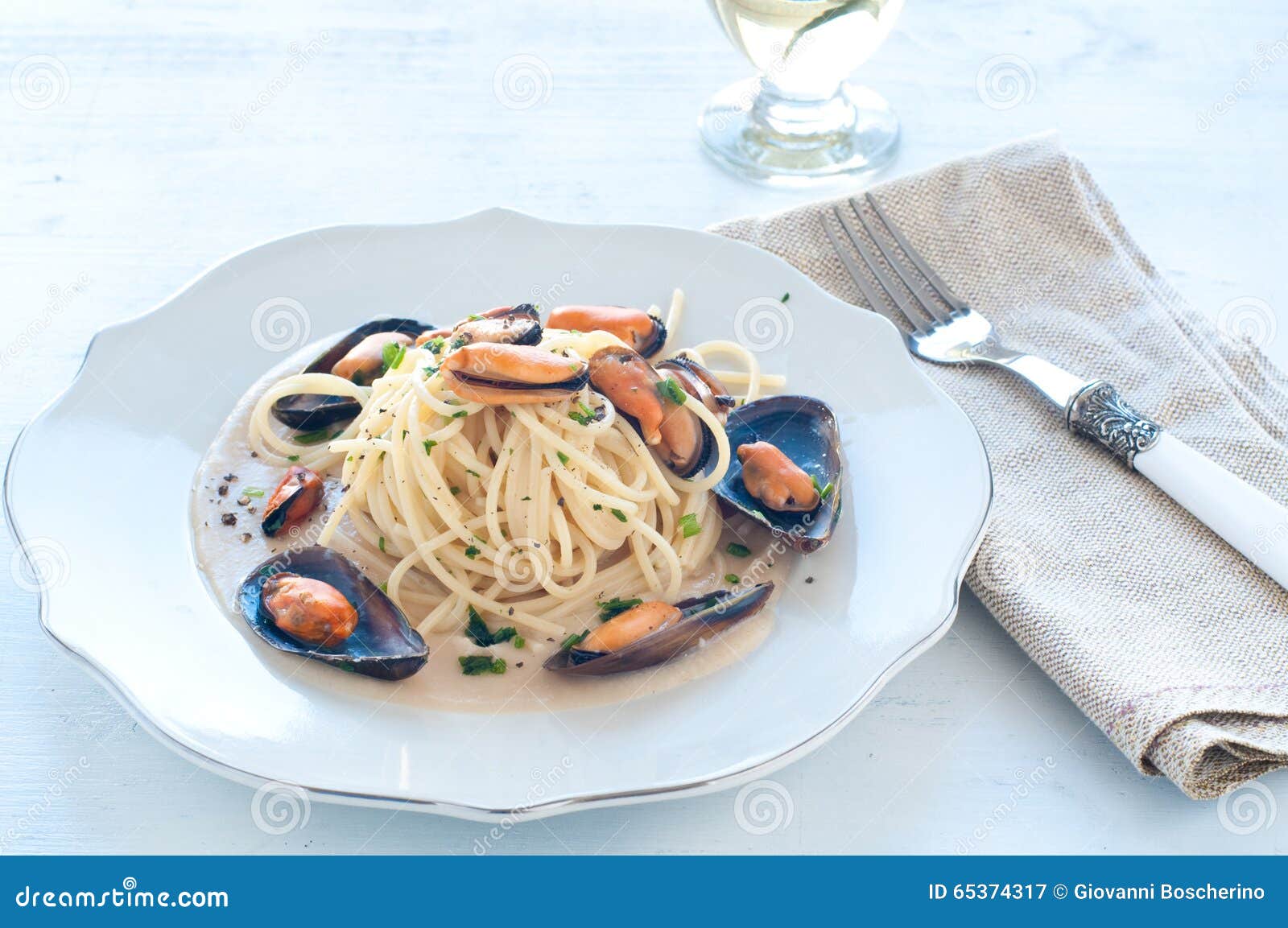 Pasta with Mussels with Cream of White Beans Stock Image Image of