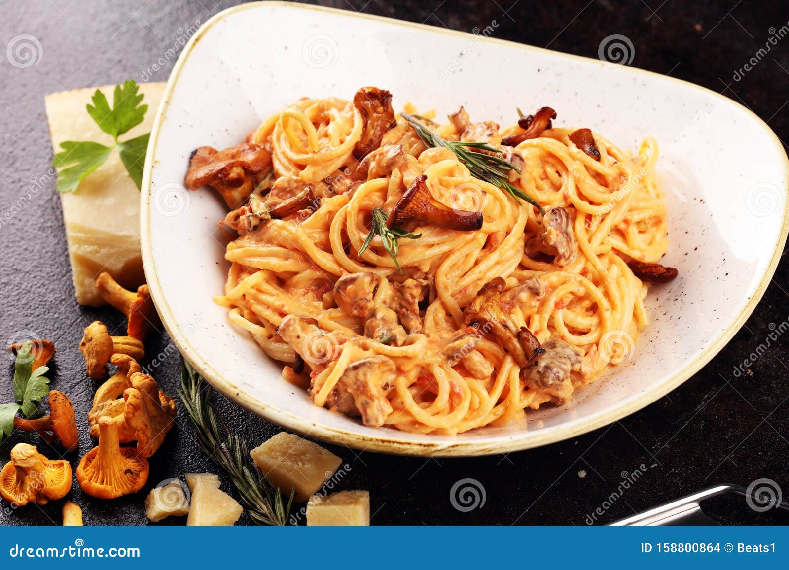 Pasta with Organic Chanterelles. Portion of Spaghetti Pasta with Fried ...
