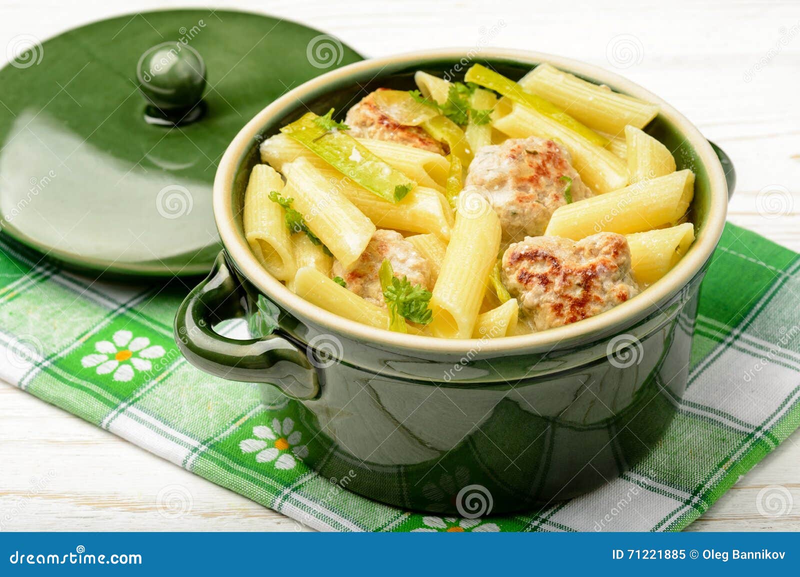 Pasta Penne with Meatballs. Leek and Cheese Sauce. Stock Image Image