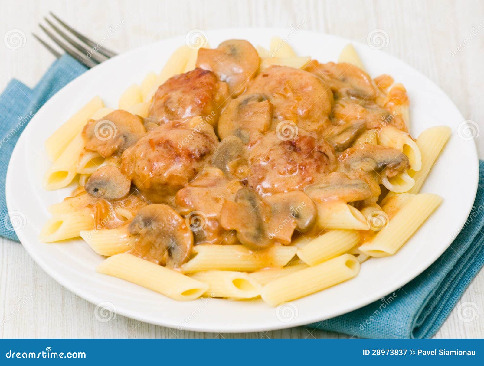 Pasta Penne with Meatballs and Mushroom Sauce Stock Image Image of