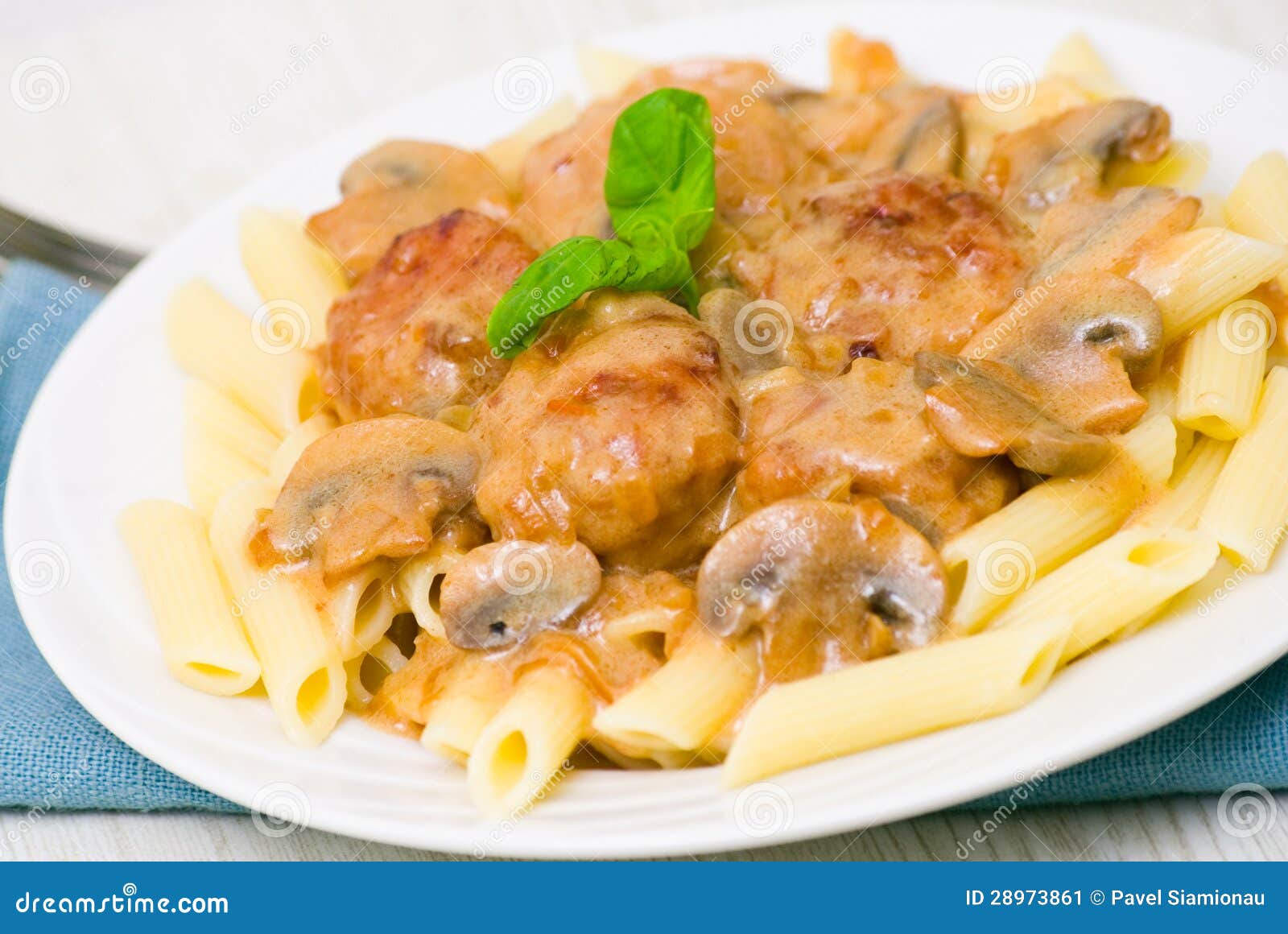 Pasta Penne with Meatballs and Mushroom Sauce Stock Image Image of