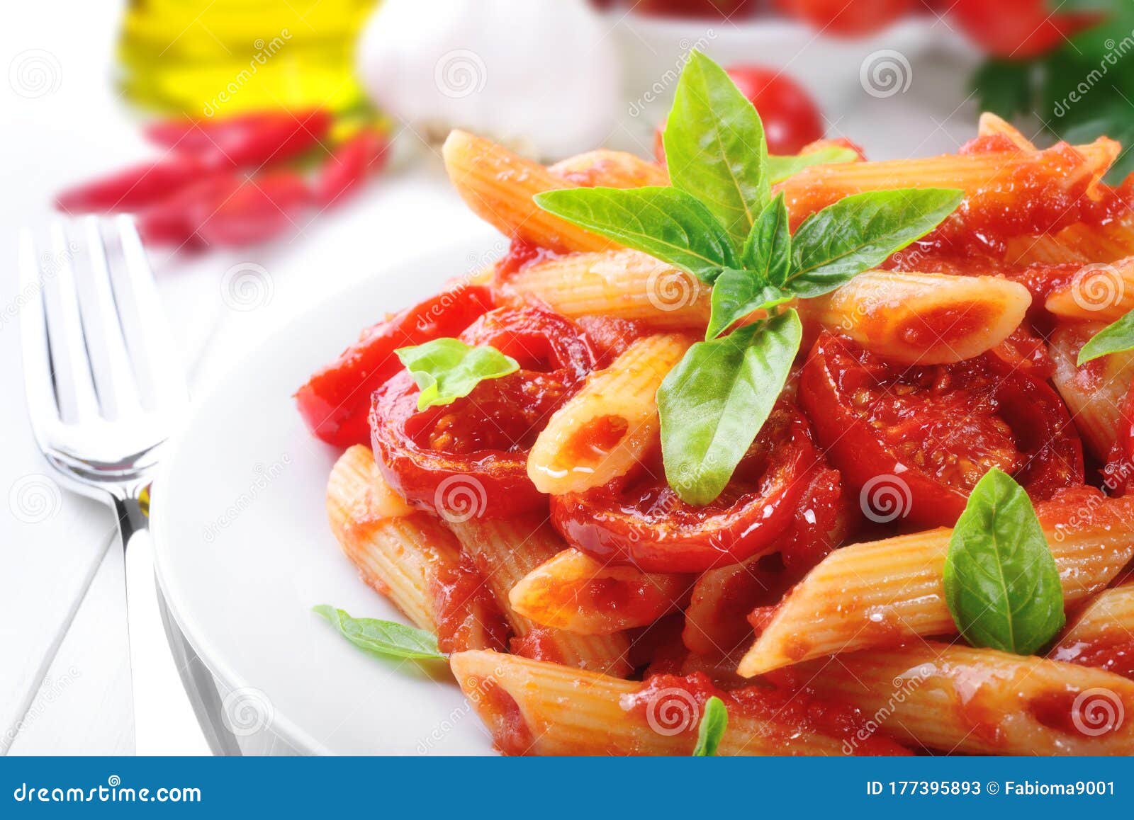 Pasta, Penne with Tomato Sauce and Basil, Progressive Focus. Stock