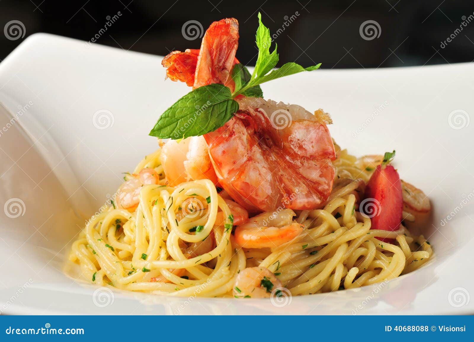 Pasta with Prawns, Delicious Spaghetti with Prawns Stock Photo Image