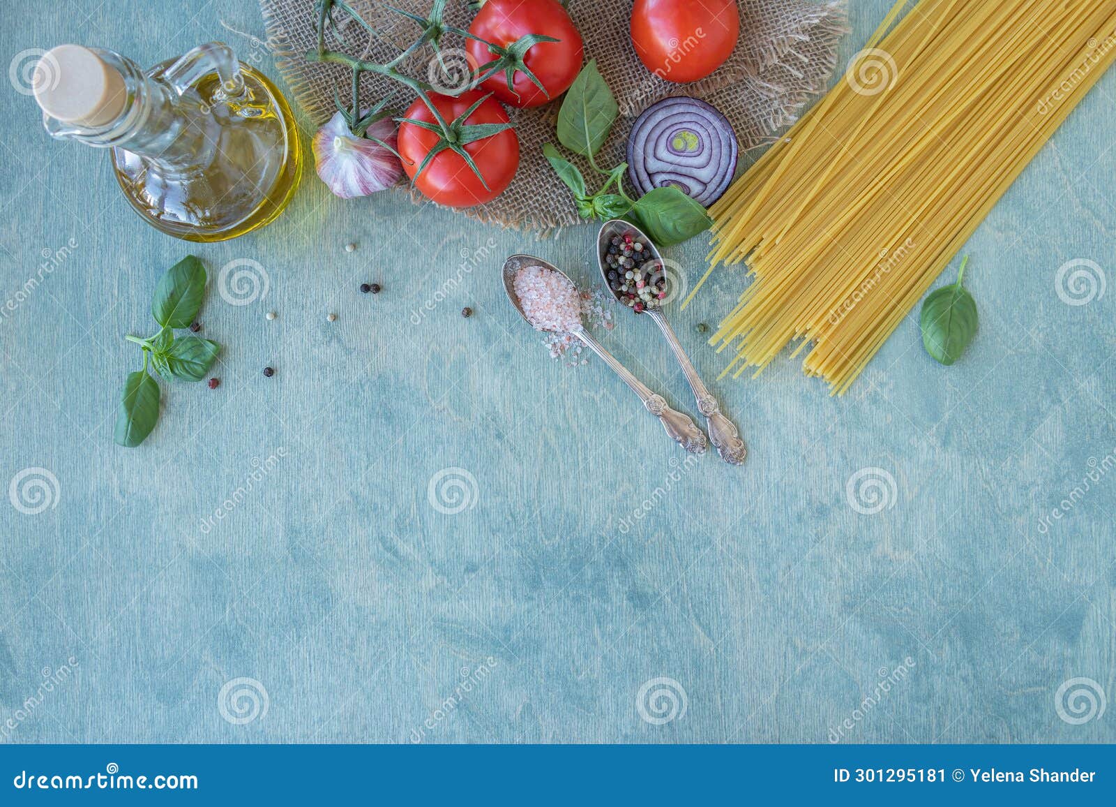 Pasta Recipe with Tomatoes or Pasta Al Pomodoro. Top View of