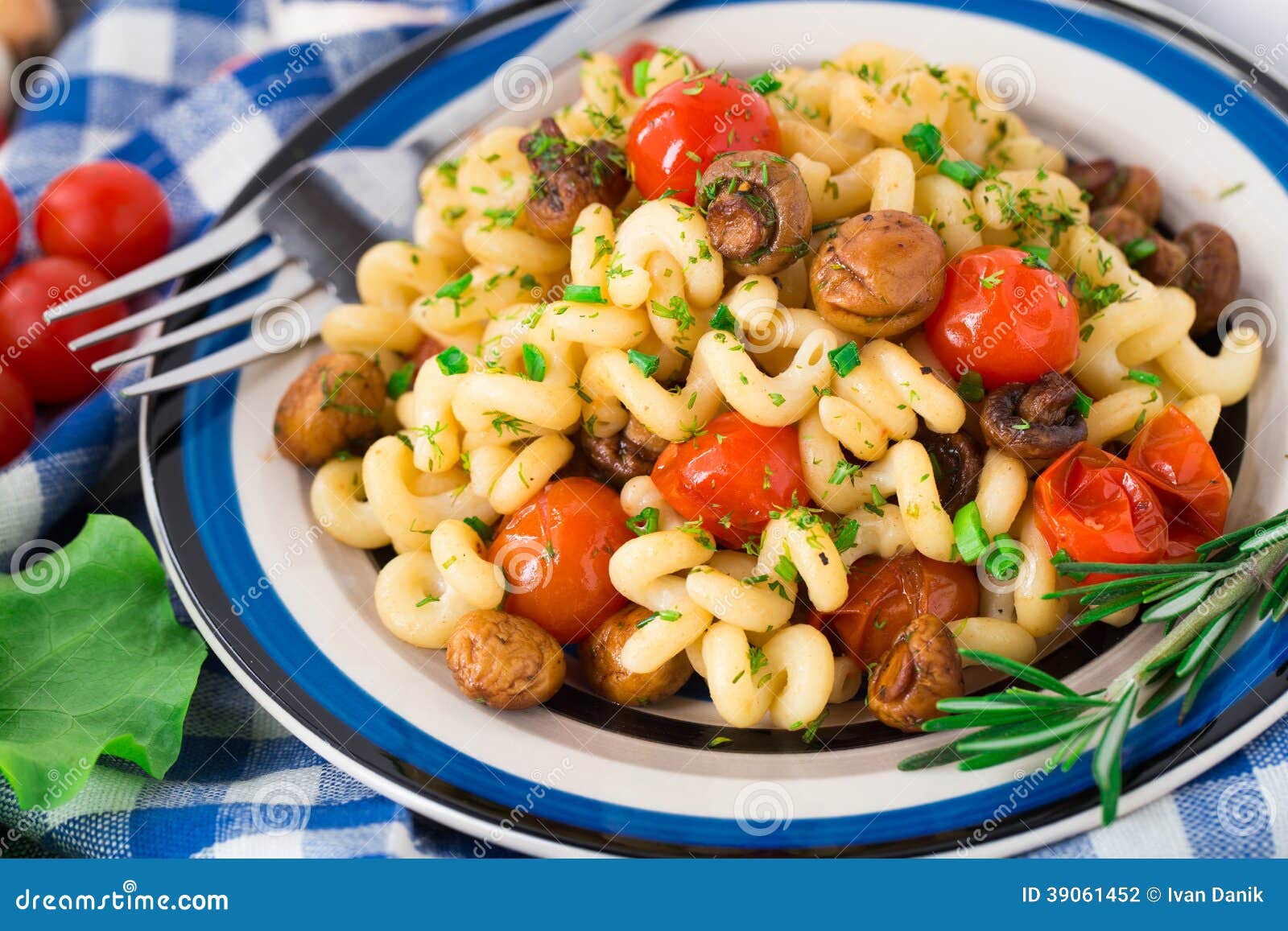 Pasta with Roasted Mushrooms and Cherry Tomatoes Stock Photo Image of