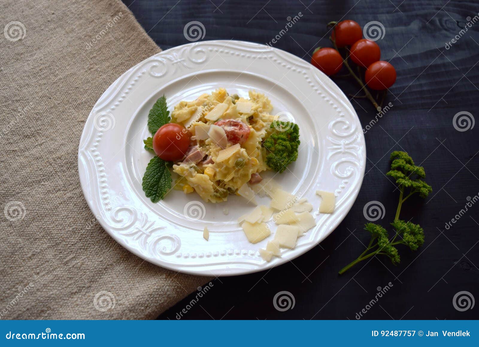 Pasta Salad with Cheese with Peas, Corn, and Tomato Stock Image - Image