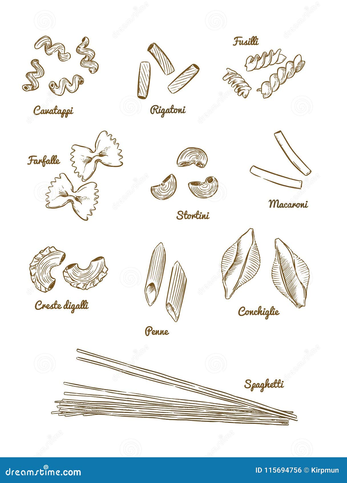 Pasta Set. Type of Pasta Hand Draw Sketch Vector Stock Vector -  Illustration of collection, icon: 115694756