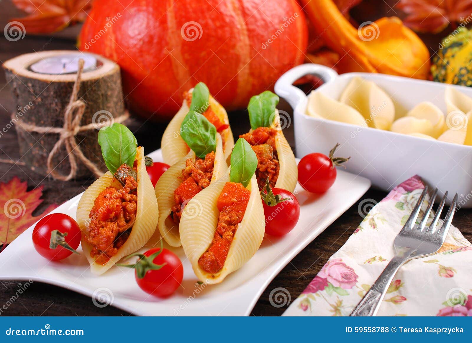 Pasta Shells Stuffed with Minced Meat , Pumpkin and Zucchini Stock