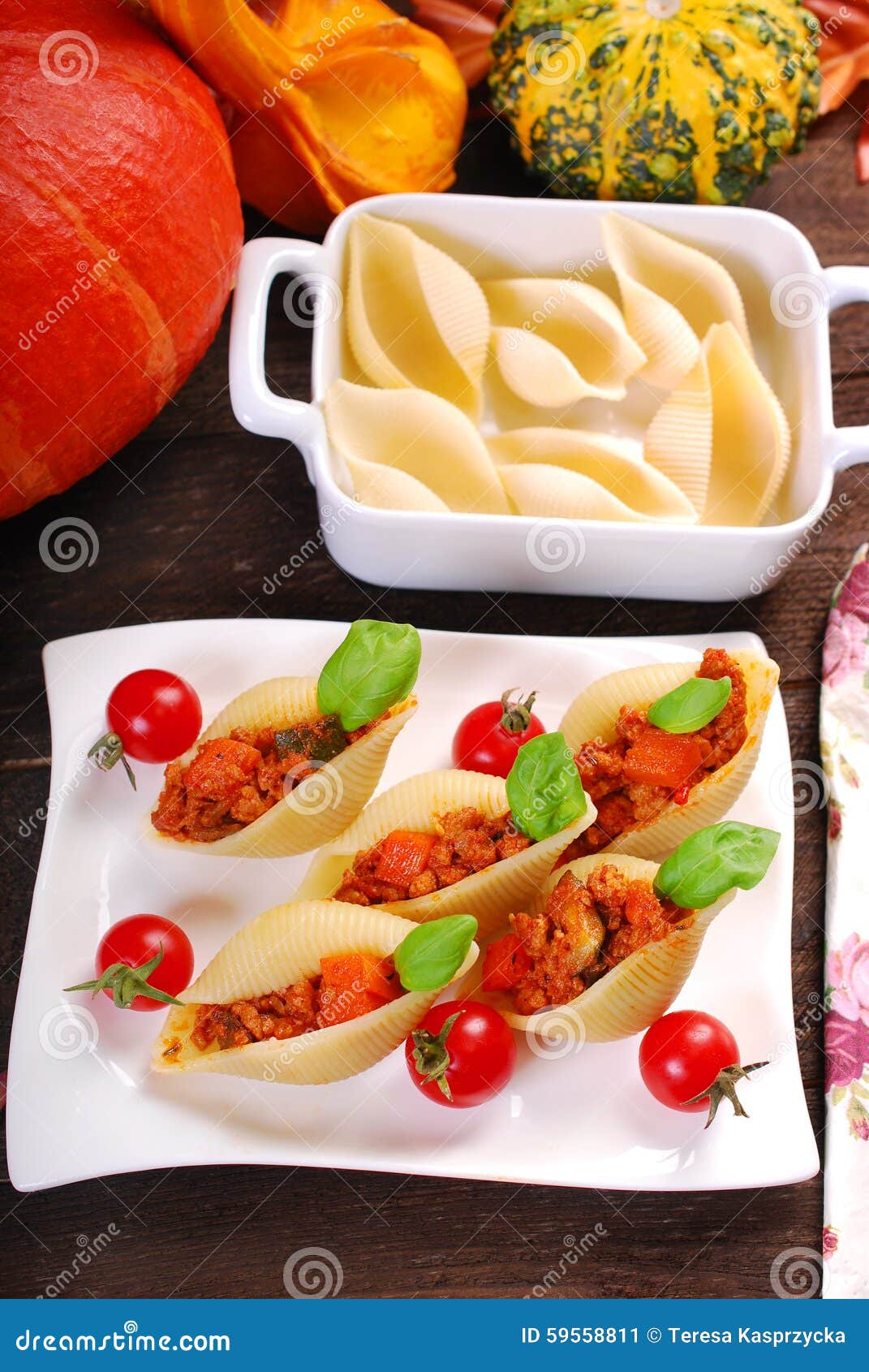 Pasta Shells Stuffed with Minced Meat , Pumpkin and Zucchini Stock