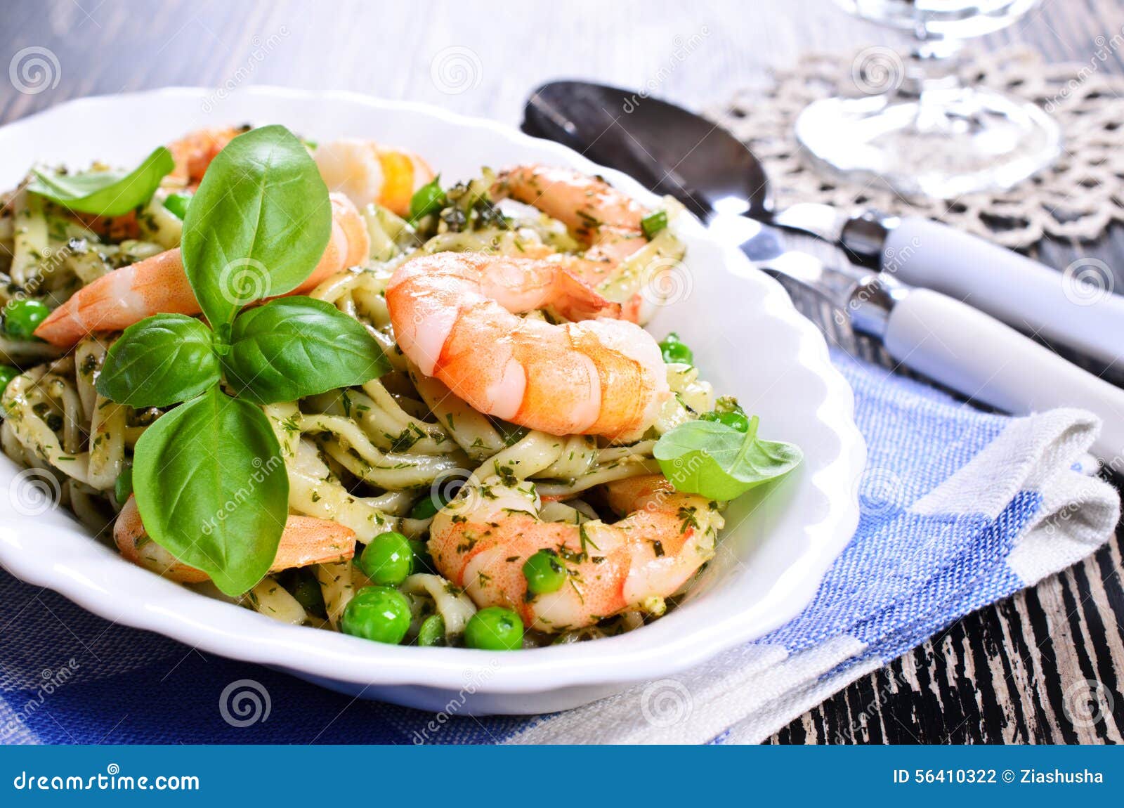 Pasta with shrimp and peas stock photo. Image of fresh 56410322