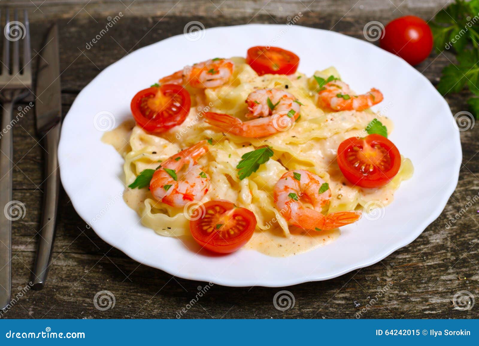 Pasta with Shrimp, Tomatoes, Herbs and Cream Sauce. Stock Image - Image ...