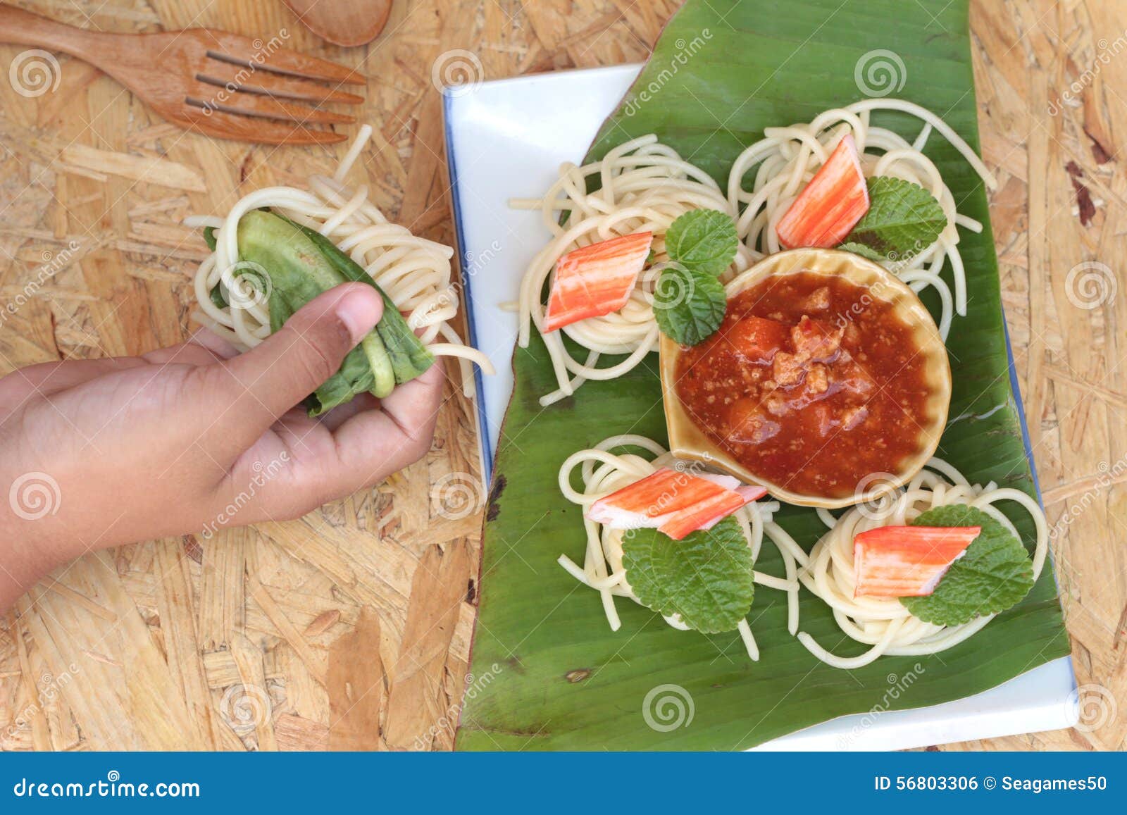 Pasta Spaghetti with Crab Sticks and Sauce. Stock Photo Image of