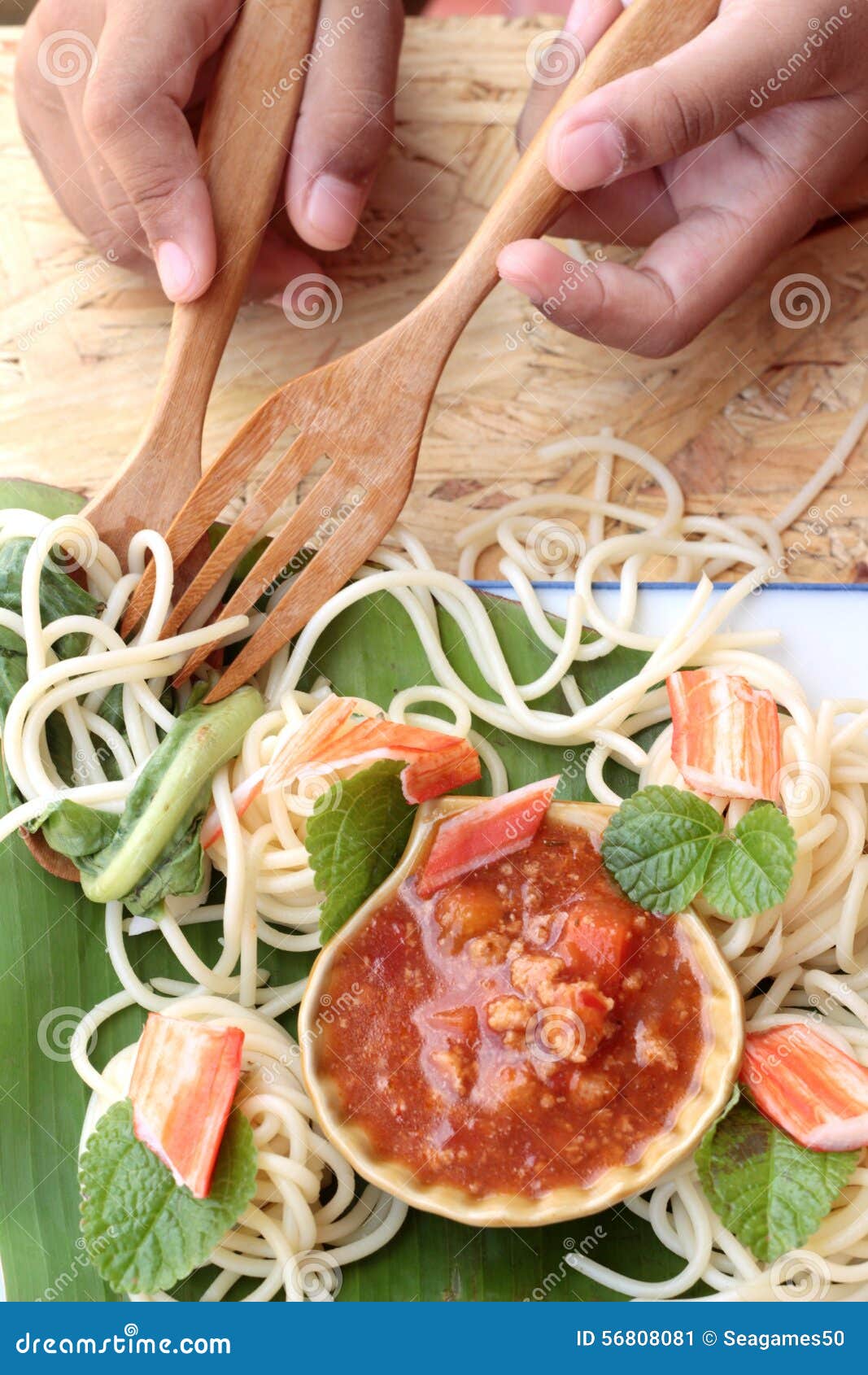 Pasta Spaghetti with Crab Sticks and Sauce. Stock Image Image of