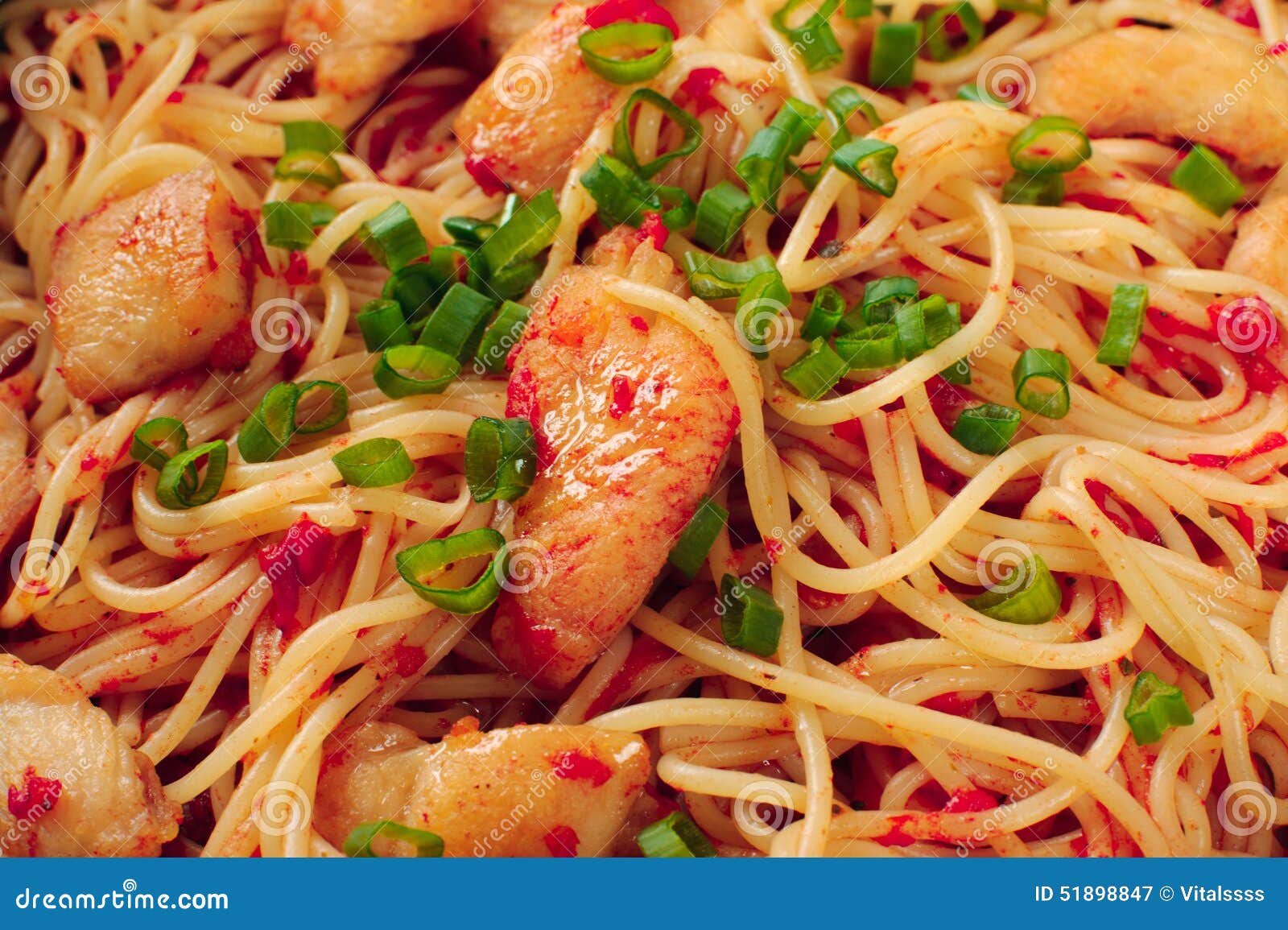 Pasta. Spaghetti with Sauce and Chicken. Stock Image - Image of meat