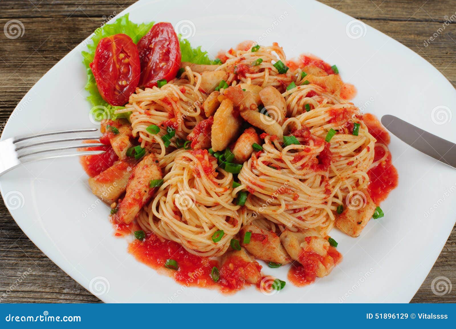 Pasta. Spaghetti with Sauce and Chicken. Stock Image - Image of