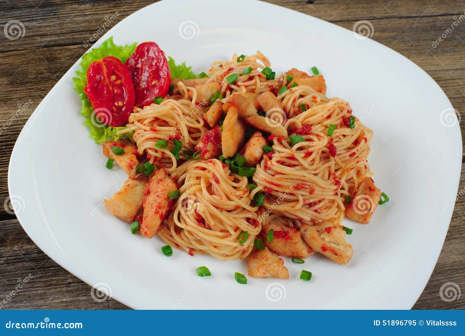 Pasta. Spaghetti with Sauce and Chicken. Stock Image - Image of close