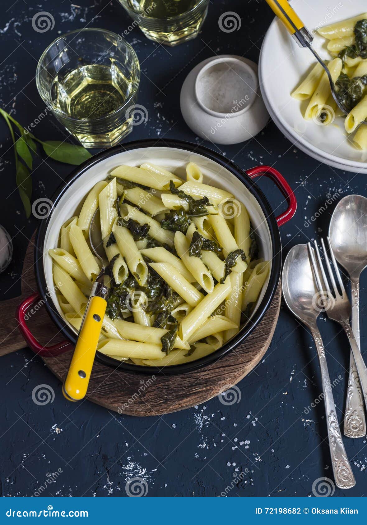 Pasta with Spinach, Blue Cheese Cream Sauce on Dark Background Stock