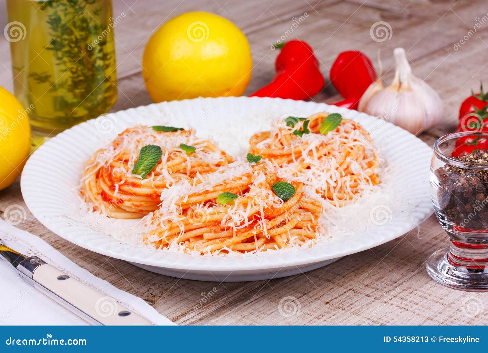Pasta with Tomato Sauce, Parmesan Cheese and Mint. Stock Image Image