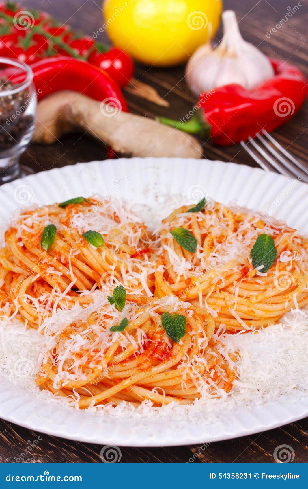 Pasta with Tomato Sauce, Parmesan Cheese and Mint. Stock Image Image