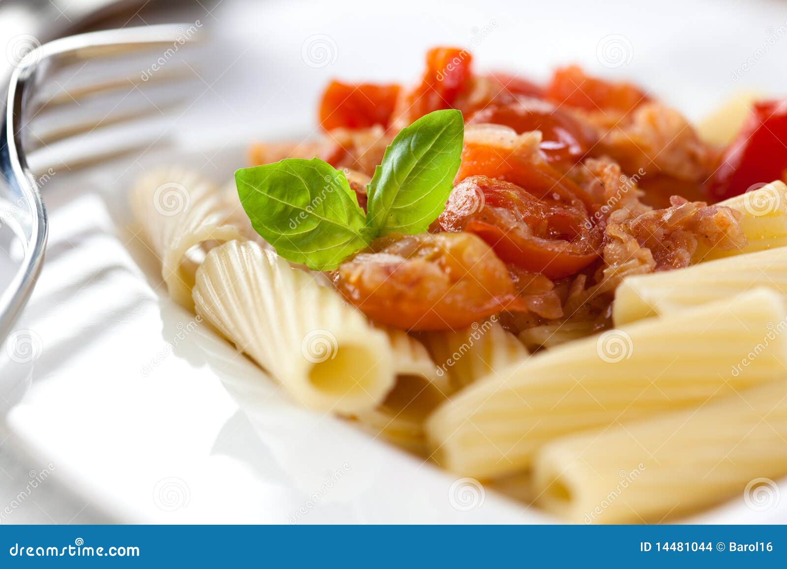 Pasta with Tomatoes and Pancetta Stock Photo Image of italian, basil 14481044