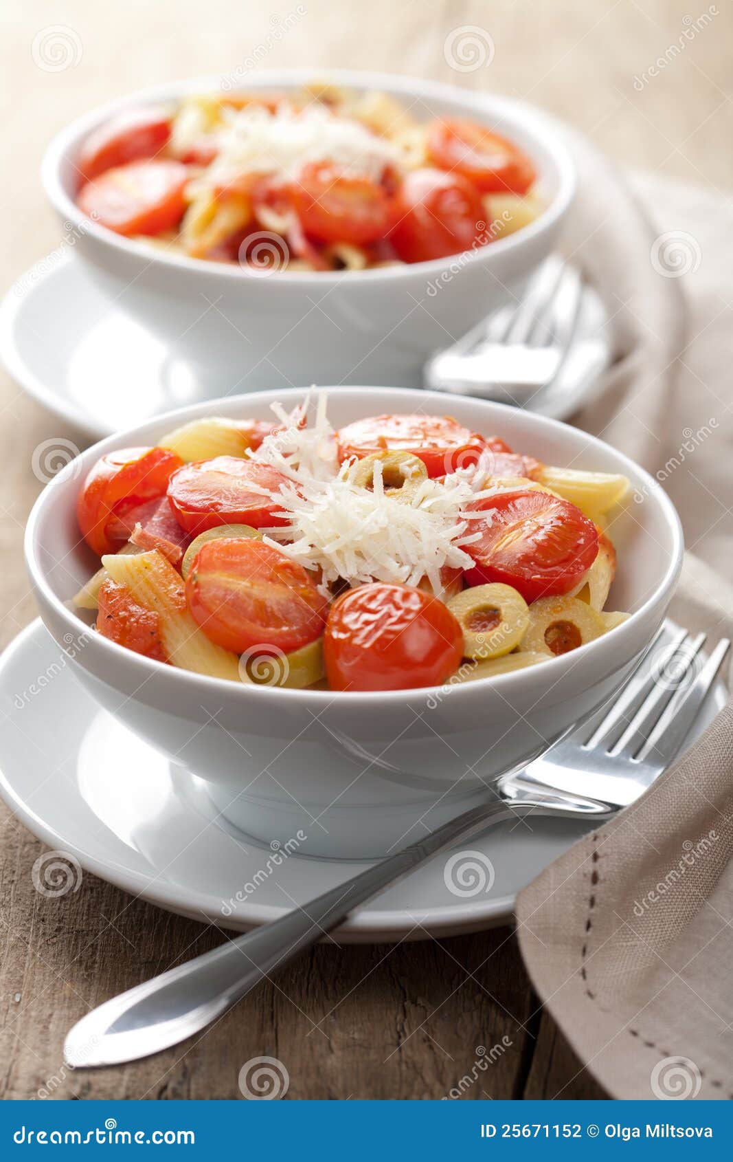 Pasta with Tomatoes and Salami Stock Photo Image of food, cloth 25671152