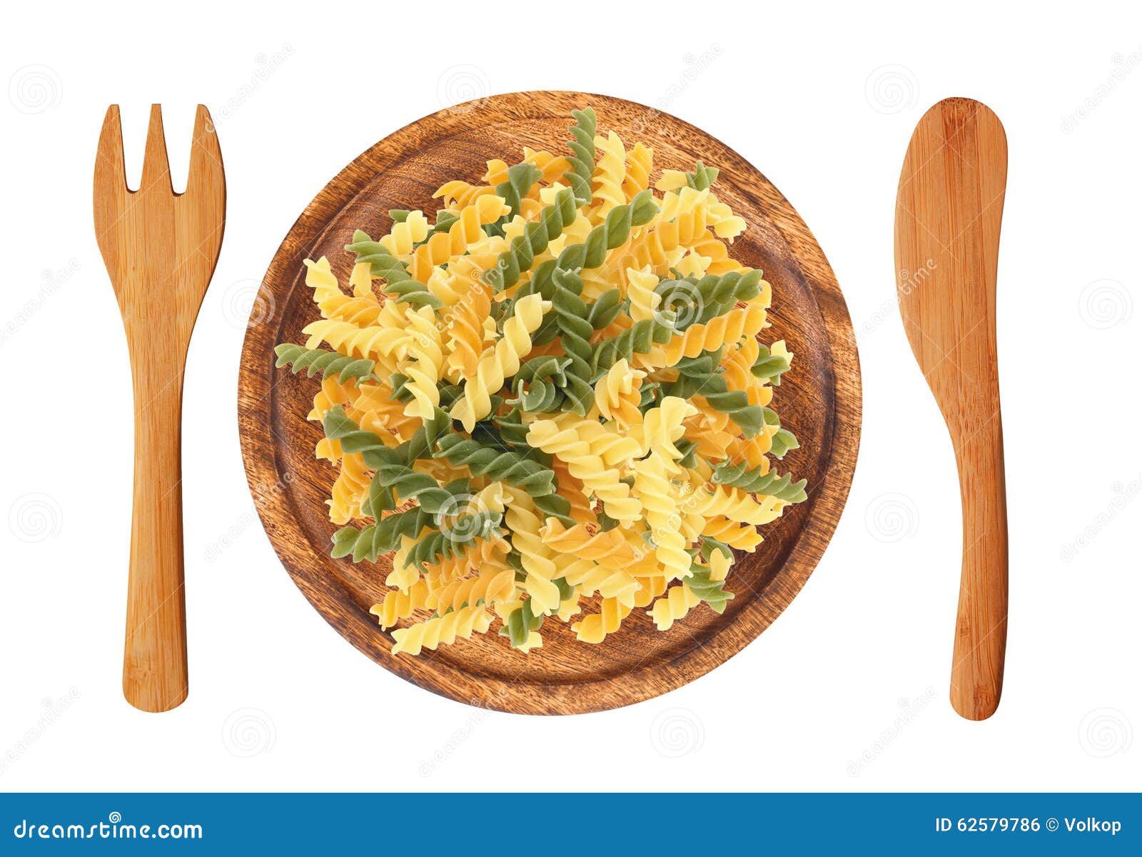 Pasta On Wooden Plate, Fork And Knife Isolated On White Stock Photo