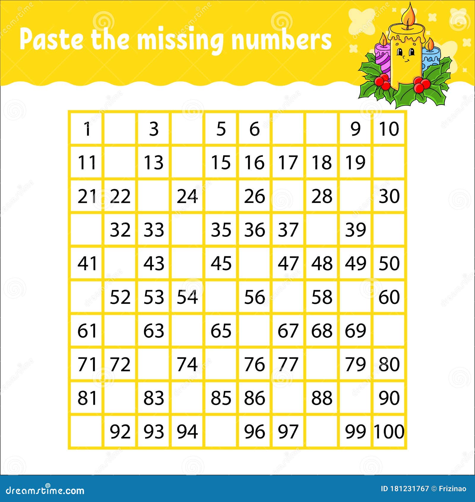 Paste The Missing Numbers From 1 To 100 Handwriting Practice Learning Numbers For Kids Education Developing Worksheet Activity Stock Vector Illustration Of Light Count