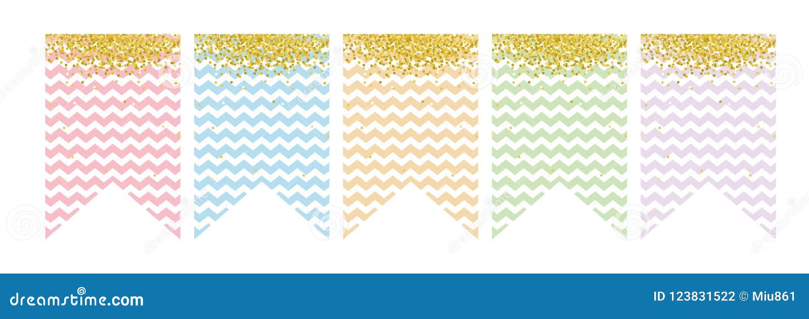 pastel color flag banner set. party decoration. do it yourself. white chevron and golden confetti.