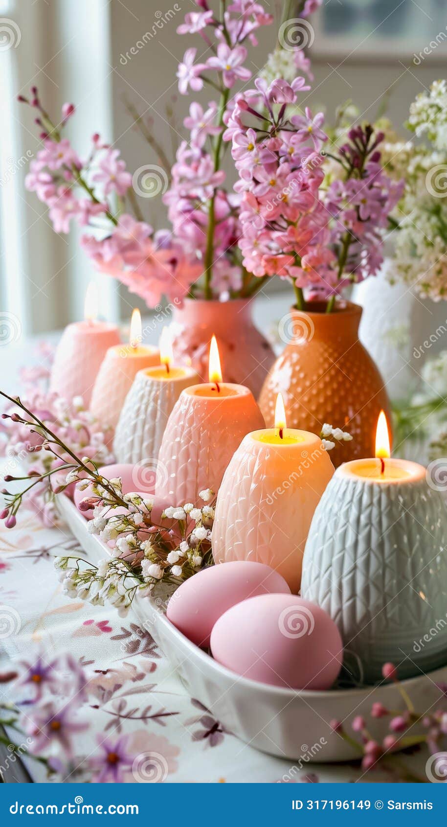 pastel colored easter candles in egg s with spring flowers. celebration spring holiday easter, spring equinox day, ostara