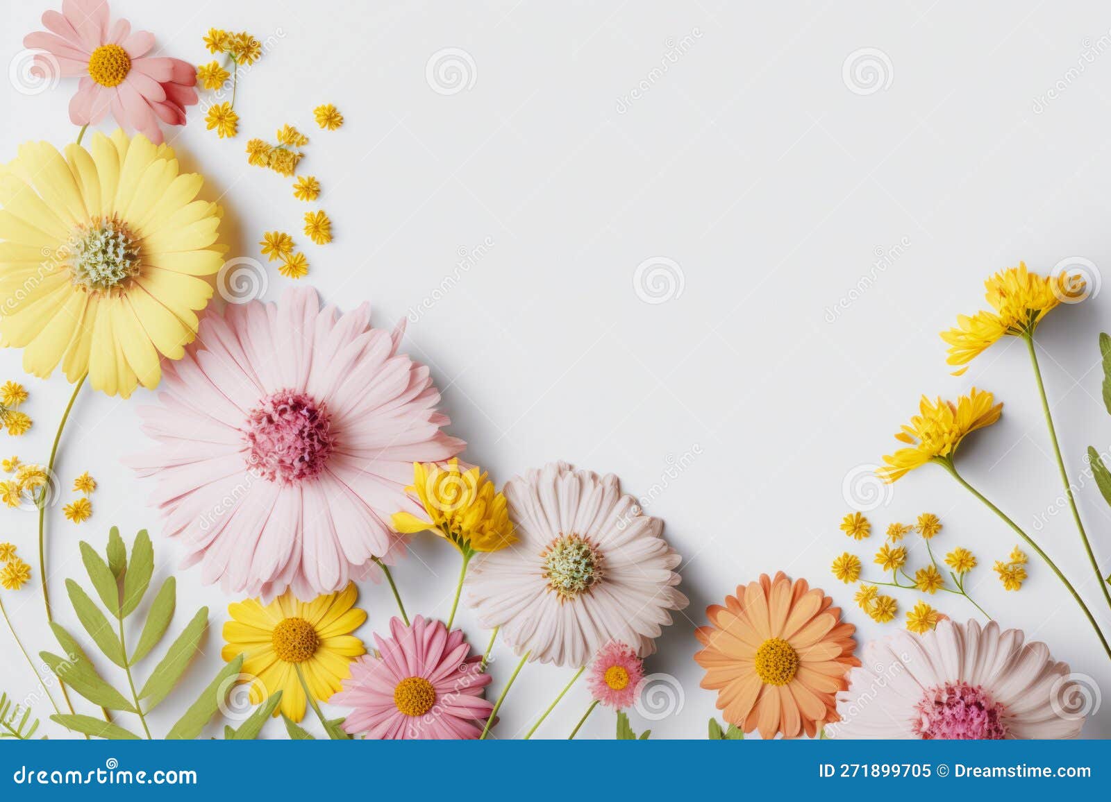 pastel coloured flowers on a white background, spring concept, generative ai